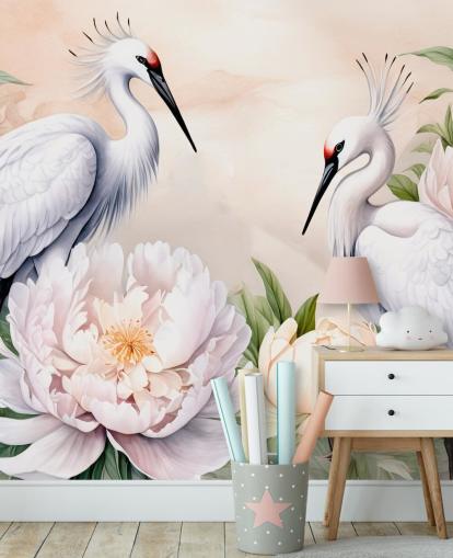 ooievaarsbehangmuurschildering genaamd Storks Romance van Marina Stupakova voor slaapkamers en woonkamers