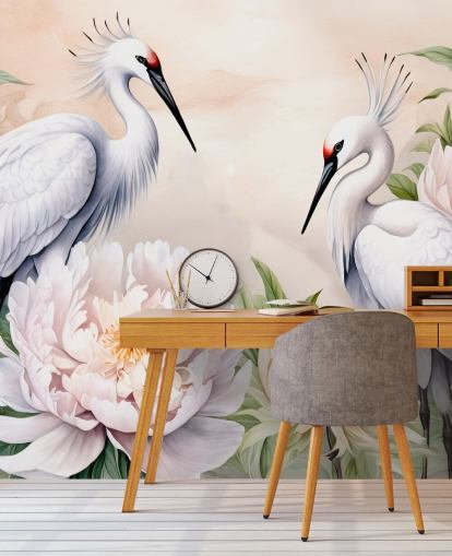 carta da parati murale a forma di cicogna chiamata Storks Romance di Marina Stupakova per camere da letto e salotti