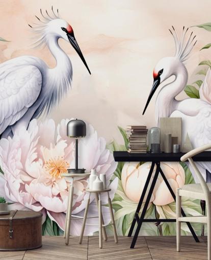 mural de papel de parede de cegonha chamado Storks Romance de Marina Stupakova para quartos e salas de estar