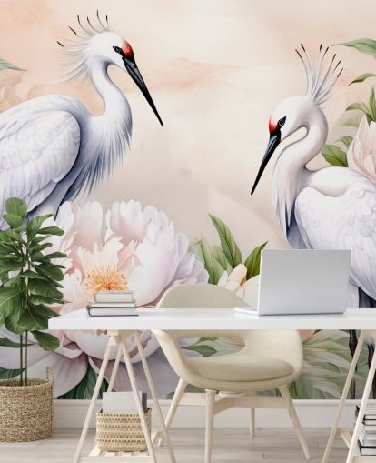 Storchentapete namens Storks Romance von Marina Stupakova für Schlafzimmer und Wohnzimmer