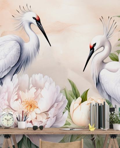stork wallpaper mural called Storks Romance by Marina Stupakova for bedrooms and living rooms