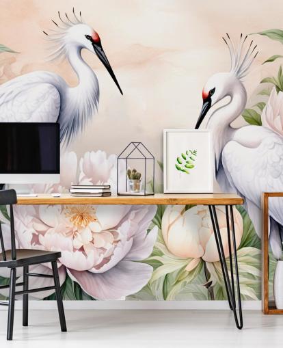 mural de papel pintado con forma de cigüeña llamado Storks Romance de Marina Stupakova para dormitorios y salas de estar