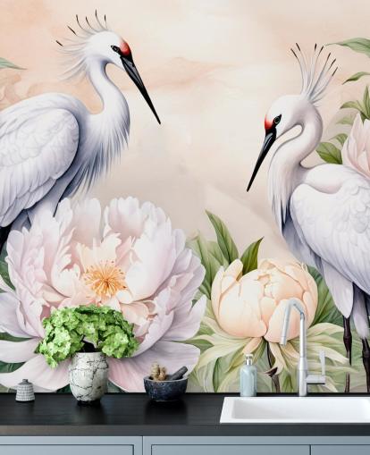 stork wallpaper mural called Storks Romance by Marina Stupakova for bedrooms and living rooms