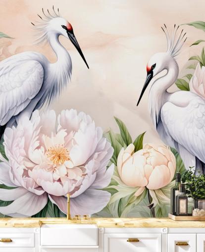 stork wallpaper mural called Storks Romance by Marina Stupakova for bedrooms and living rooms