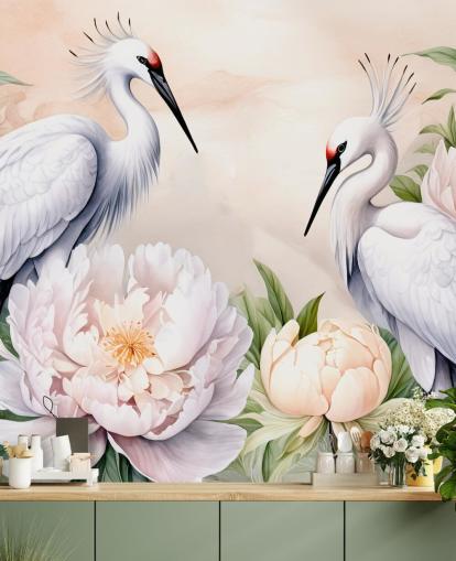 stork wallpaper mural called Storks Romance by Marina Stupakova for bedrooms and living rooms