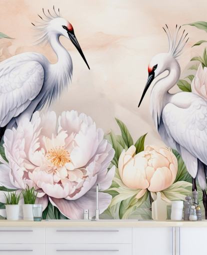 ooievaarsbehangmuurschildering genaamd Storks Romance van Marina Stupakova voor slaapkamers en woonkamers ooievaarsbehangmuurschildering genaamd Storks Romance van Marina Stupakova voor slaapkamers en woonkamers
