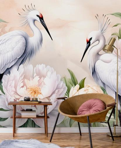 stork wallpaper mural called Storks Romance by Marina Stupakova for bedrooms and living rooms