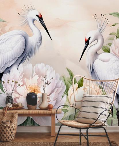 carta da parati murale a forma di cicogna chiamata Storks Romance di Marina Stupakova per camere da letto e salotti