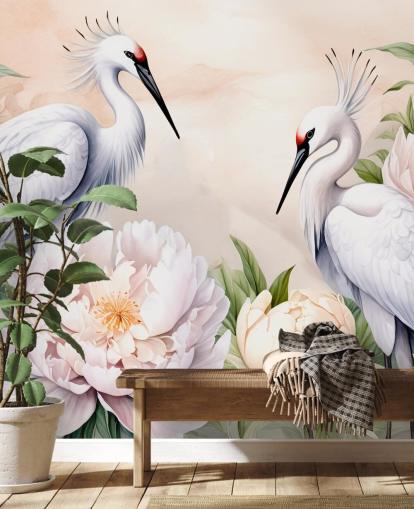 ooievaarsbehangmuurschildering genaamd Storks Romance van Marina Stupakova voor slaapkamers en woonkamers