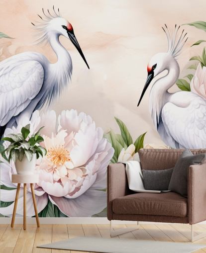 stork tapetväggmålning som heter Storks Romance av Marina Stupakova för sovrum och vardagsrum