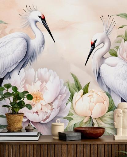 papier peint mural en forme de cigogne appelé Storks Romance de Marina Stupakova pour les chambres et les salons