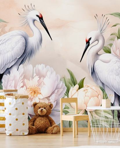 stork wallpaper mural called Storks Romance by Marina Stupakova for bedrooms and living rooms