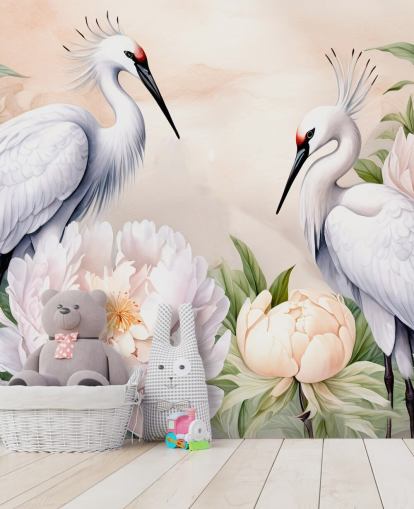 mural de papel pintado con forma de cigüeña llamado Storks Romance de Marina Stupakova para dormitorios y salas de estar mural de papel pintado con forma de cigüeña llamado Storks Romance de Marina Stupakova para dormitorios y salas de estar