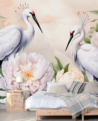carta da parati murale a forma di cicogna chiamata Storks Romance di Marina Stupakova per camere da letto e salotti