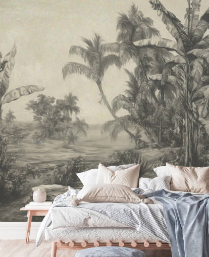 murale con giungla chiamato Tropic Life di Marina Stupakova per salotti, sale da pranzo e camere da letto