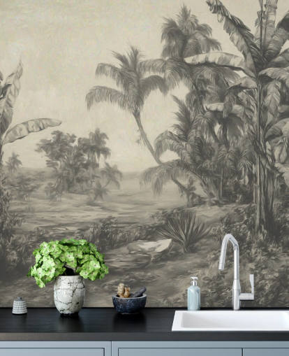 fresque murale de la jungle appelée Tropic Life de Marina Stupakova pour les salons, les salles à manger et les chambres fresque murale de la jungle appelée Tropic Life de Marina Stupakova pour les salons, les salles à manger et les chambres