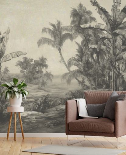 fresque murale de la jungle appelée Tropic Life de Marina Stupakova pour les salons, les salles à manger et les chambres