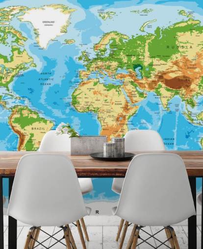 Fysieke kaart van de wereld: muurschildering Fysieke kaart van de wereld: muurschildering