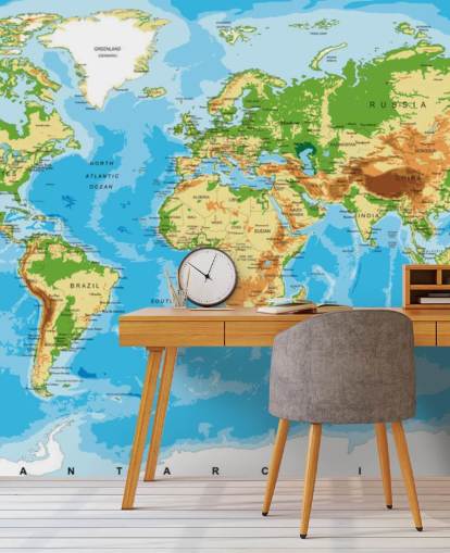 Carta da parati murale con mappa fisica del mondo