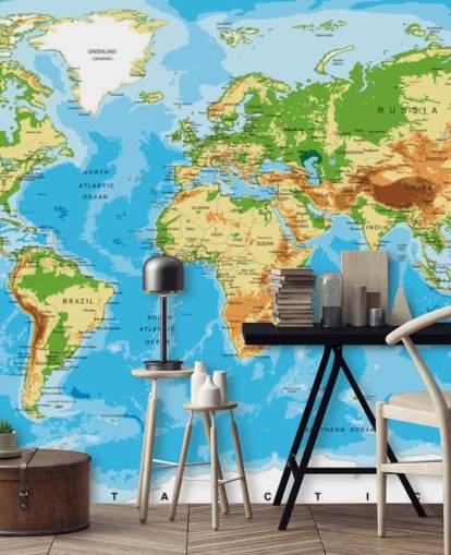 Mural de papel pintado con el mapa físico del mundo