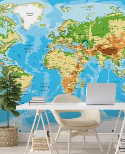 Mural de papel pintado con el mapa físico del mundo