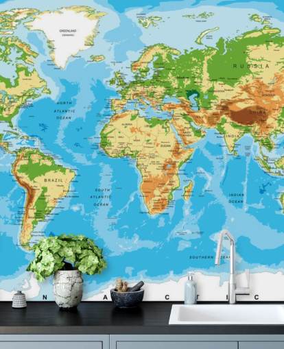 Mural de papel pintado con el mapa físico del mundo