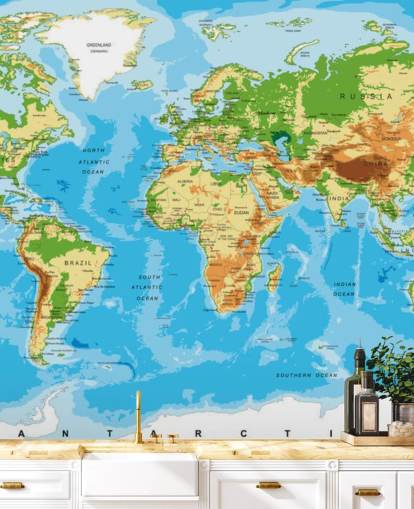 Carta da parati murale con mappa fisica del mondo