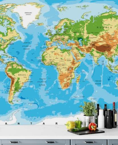 Mural de papel pintado con el mapa físico del mundo Mural de papel pintado con el mapa físico del mundo