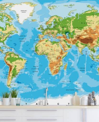 Mural de papel pintado con el mapa físico del mundo Mural de papel pintado con el mapa físico del mundo