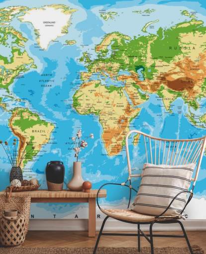 Physical Map of the World Wallpaper Mural