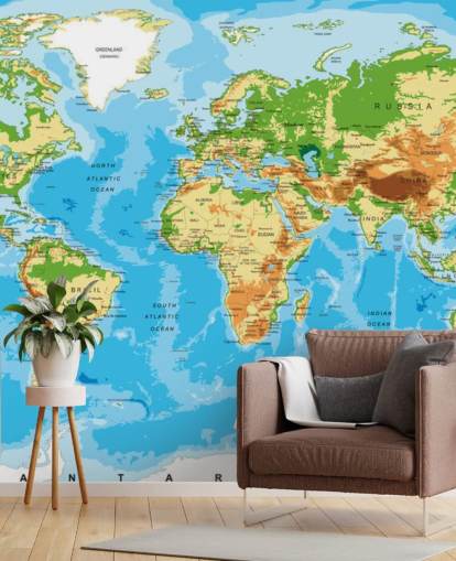 Carta da parati murale con mappa fisica del mondo Carta da parati murale con mappa fisica del mondo