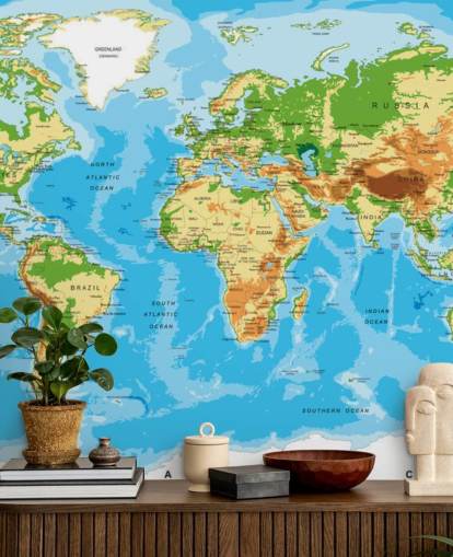 Mural de papel pintado con el mapa físico del mundo