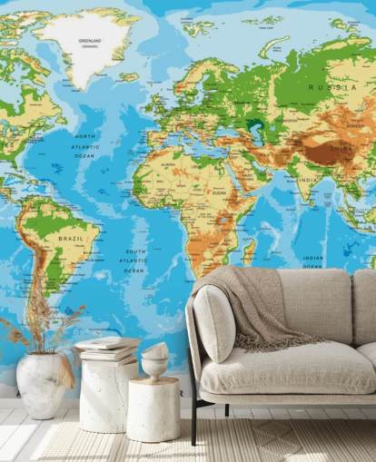 Mural de papel pintado con el mapa físico del mundo Mural de papel pintado con el mapa físico del mundo