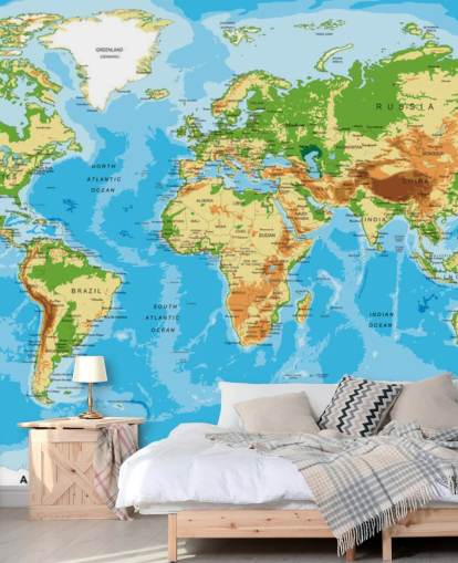 Fysieke kaart van de wereld: muurschildering
