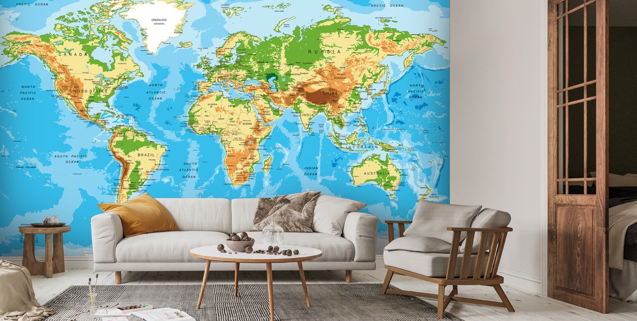 Physical Map of the World Wallpaper Mural | Wallsauce AU