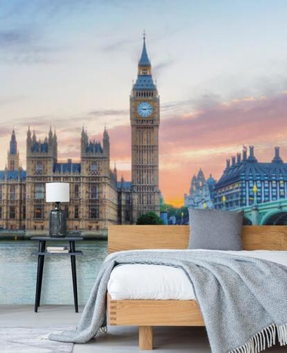 Panorama van de Big Ben, Westminster Palace en de rivier de Theems Wallpaper