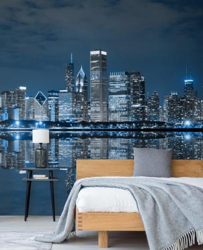 blue chicago wallpaper mural called Chicago Downtown at Night for living rooms, bedrooms and businesses blue chicago wallpaper mural called Chicago Downtown at Night for living rooms, bedrooms and businesses