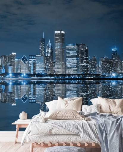blue chicago wallpaper mural called Chicago Downtown at Night for living rooms, bedrooms and businesses