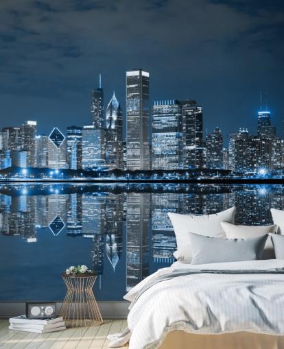 papier peint mural bleu de Chicago appelé Chicago Downtown at Night pour les salons, les chambres et les entreprises
