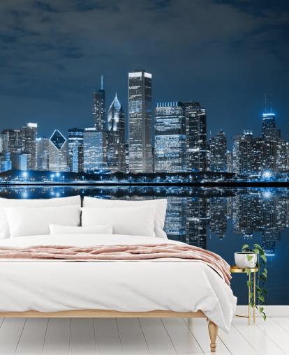 blue chicago wallpaper mural called Chicago Downtown at Night for living rooms, bedrooms and businesses