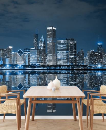 blue chicago wallpaper mural called Chicago Downtown at Night for living rooms, bedrooms and businesses