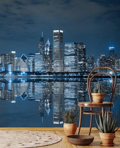 carta da parati murale blu di Chicago chiamata Chicago Downtown at Night per salotti, camere da letto e aziende