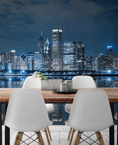 Blaues Chicago-Tapetentapete namens Chicago Downtown at Night für Wohnzimmer, Schlafzimmer und Geschäfte