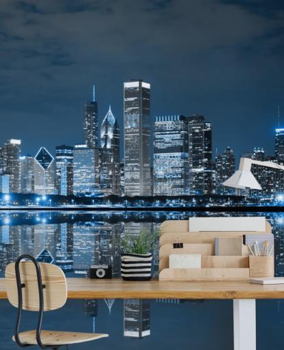 blue chicago wallpaper mural called Chicago Downtown at Night for living rooms, bedrooms and businesses