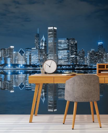 blue chicago wallpaper mural called Chicago Downtown at Night for living rooms, bedrooms and businesses
