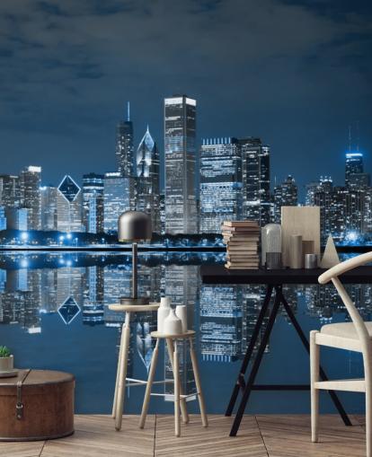 mural de papel pintado azul de Chicago llamado Chicago Downtown at Night para salas de estar, dormitorios y negocios mural de papel pintado azul de Chicago llamado Chicago Downtown at Night para salas de estar, dormitorios y negocios