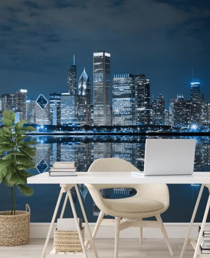 blue chicago wallpaper mural called Chicago Downtown at Night for living rooms, bedrooms and businesses