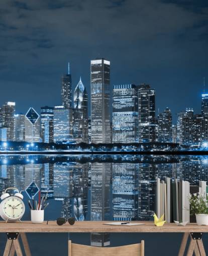 mural de papel de parede azul de chicago chamado Chicago Downtown at Night para salas de estar, quartos e empresas