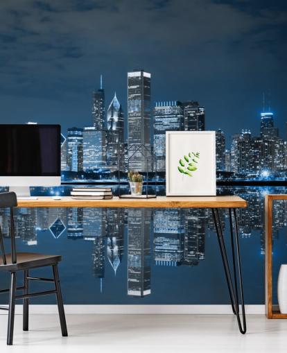 blue chicago wallpaper mural called Chicago Downtown at Night for living rooms, bedrooms and businesses