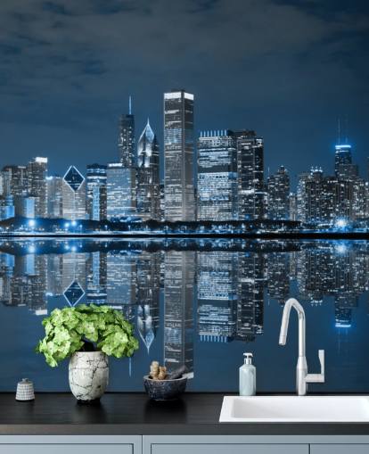 blue chicago wallpaper mural called Chicago Downtown at Night for living rooms, bedrooms and businesses